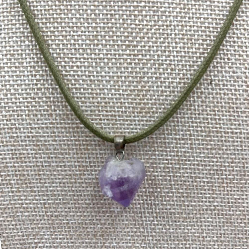 Vintage Raw Amethyst Crystal Point Pendant Necklace Green Cord Witchy Earthy Y2K